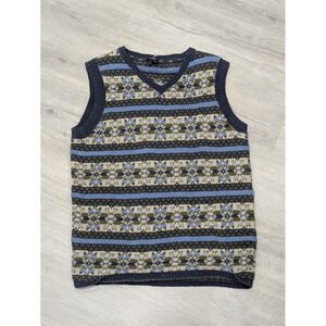 Vintage Class Club Sweater Vest Boys 14-16 Blue Fair Isle V Neck Knit Pullover